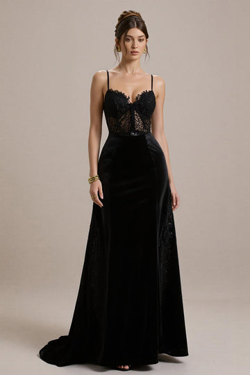 Black Velvet A Line Corset Long Formal Dress with Lace